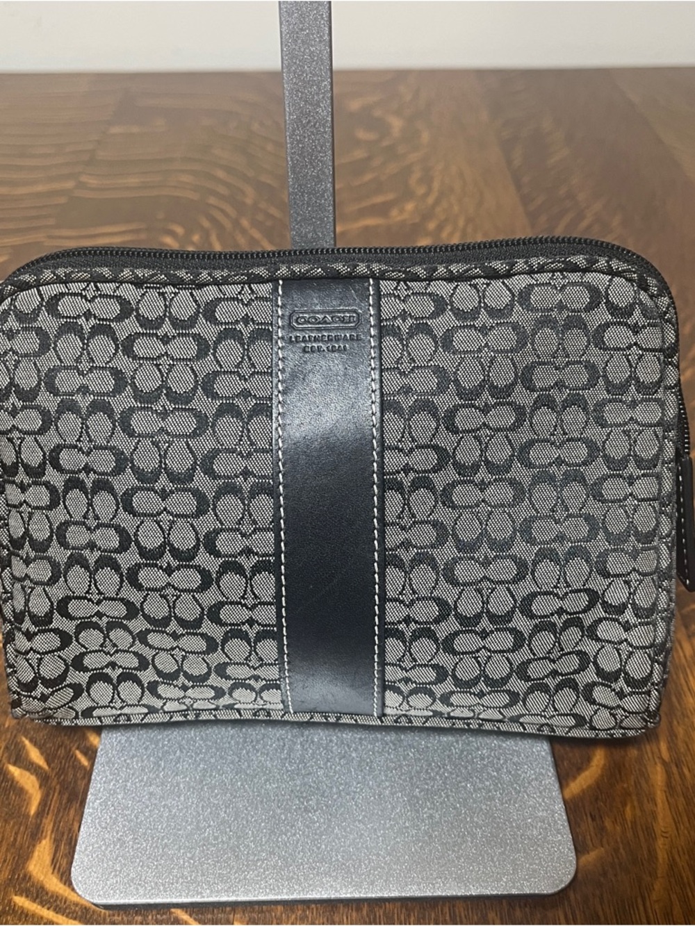 Coach Women’s Black and Gray Signature Canvas Toiletry Pouch with black leather